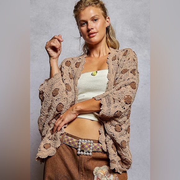 POL Openwork V-Neck Chenille Cardigan with Contrast Floral - Picture 1 of 7